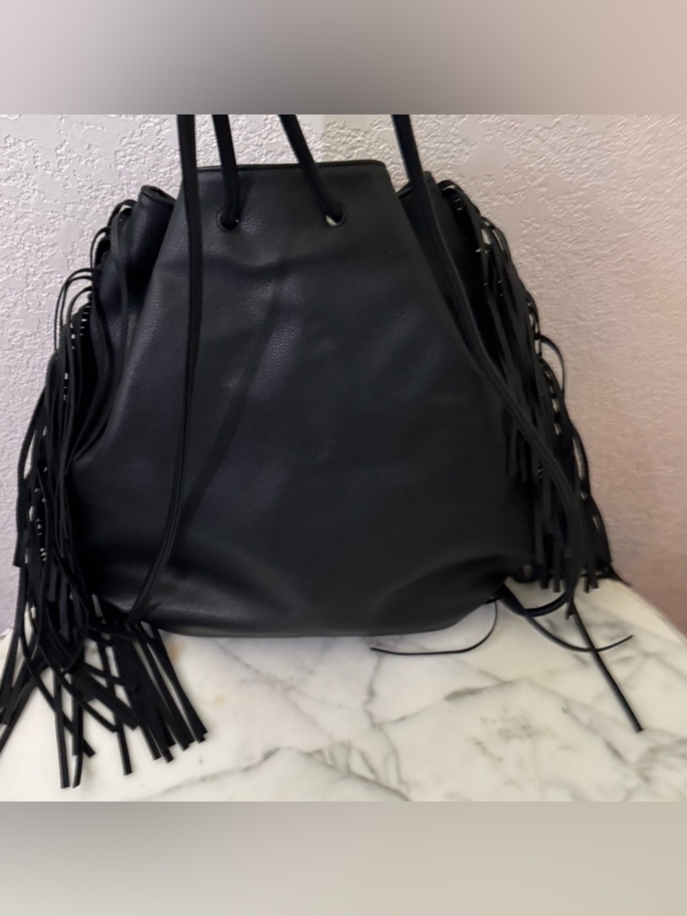 Victoria's Secret Limited Edition Black Faux Leather Boho Fringe Backpack NWT - Picture 4 of 5
